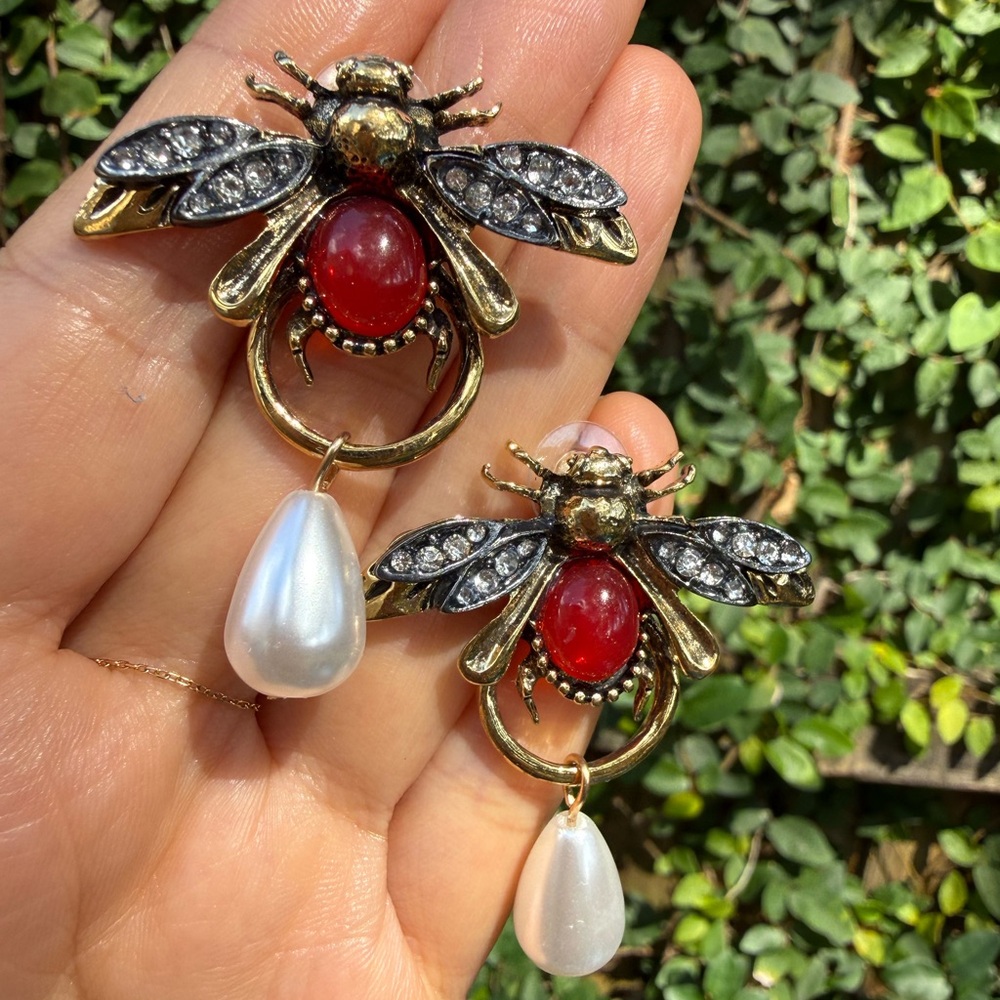 Bee Drop Earrings with Red and Pearl Accents - Picture 3 of 6